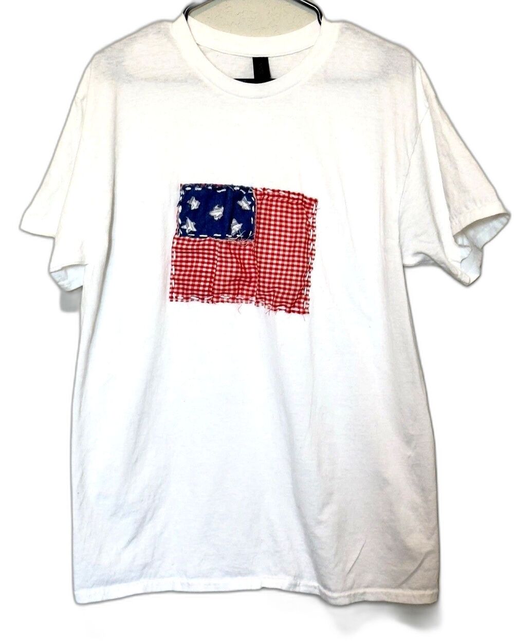 Gildan American Flag Patchwork Graphic Tee White USA Patriotic Cotton L